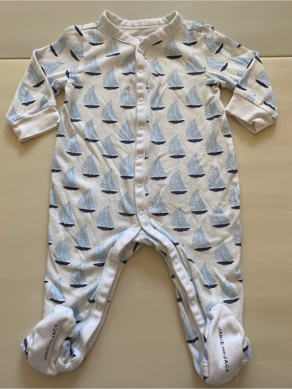 Janie and Jack White Footed One-Piece with Light Blue & Navy Sailboats